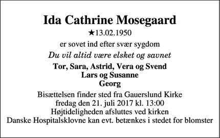 Dødsannoncen for Ida Cathrine Mosegaard - Børkop