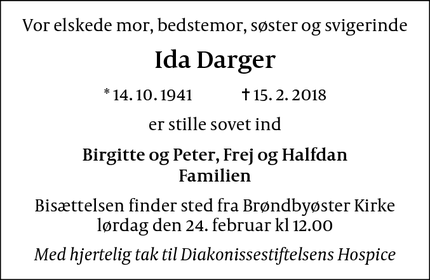 Dødsannoncen for Ida Darger - Brøndbyvester