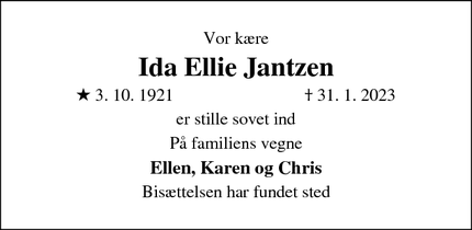 Dødsannoncen for Ida Ellie Jantzen - Sorø