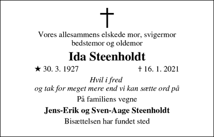Dødsannoncen for Ida Steenholdt - Vamdrup