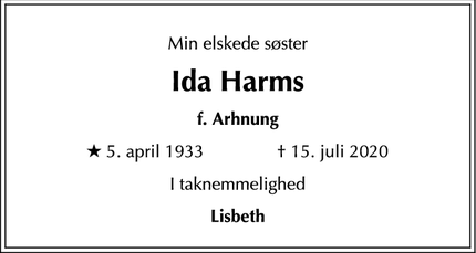 Dødsannoncen for Ida Harms - Gentofte