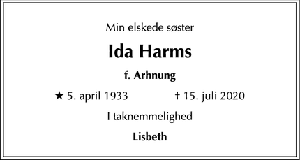 Dødsannoncen for Ida Harms - Gentofte