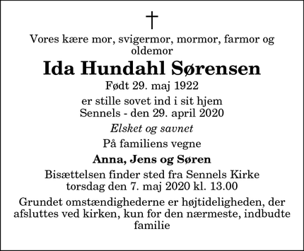 Dødsannoncen for Ida Hundahl Sørensen - Hørning 