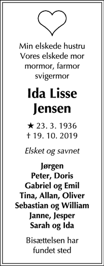 Dødsannoncen for Ida Lisse Jensen - Ordrup