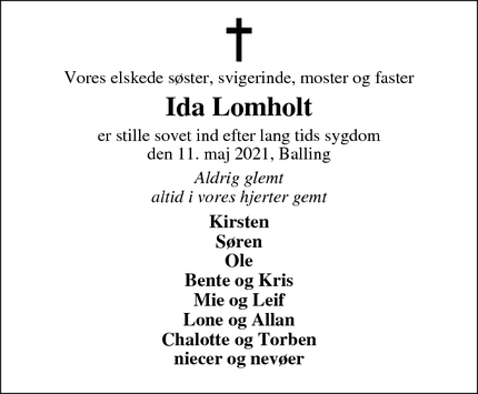 Dødsannoncen for Ida Lomholt - skive