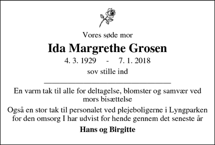 Dødsannoncen for Ida Margrethe Grosen - 8420 Knebel