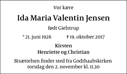 Dødsannoncen for Ida Maria Valentin Jensen - København, Danmark