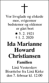 Dødsannoncen for Ida Marianne Howard Christiansen - Silkeborg
