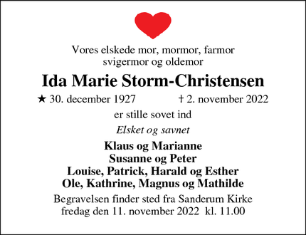 Dødsannoncen for Ida Marie Storm-Christensen - Odense