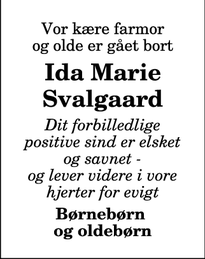 Dødsannoncen for Ida Marie Svalgaard - Thisted