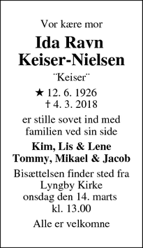 Dødsannoncen for Ida Ravn 
Keiser-Nielsen - Kongens Lyngby