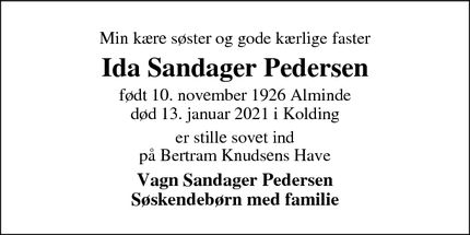 Dødsannoncen for Ida Sandager Pedersen - Kolding