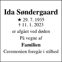 Dødsannoncen for Ida Søndergaard - Vonge 