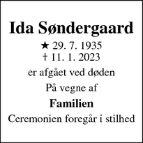 Dødsannoncen for Ida Søndergaard - Vonge
