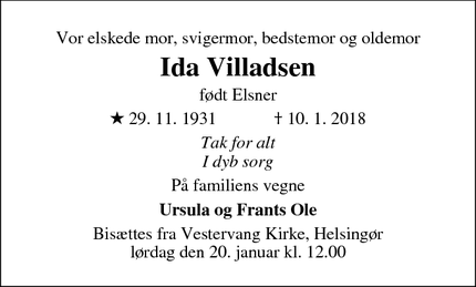 Dødsannoncen for Ida Villadsen - Årslev