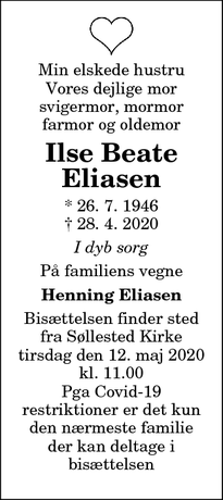 Dødsannoncen for Ilse Beate
Eliasen - Søllested 