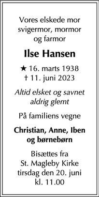 Dødsannoncen for Ilse Hansen - København S