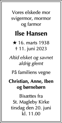Dødsannoncen for Ilse Hansen - København S
