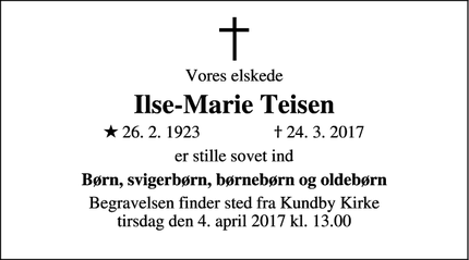 Dødsannoncen for Ilse-Marie Teisen - Regstrup