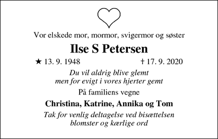 Dødsannoncen for Ilse S Petersen - Køge