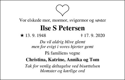 Dødsannoncen for Ilse S Petersen - Køge
