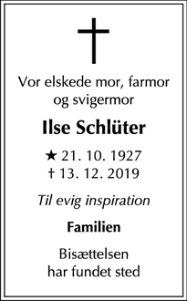 Dødsannoncen for Ilse Schlüter - Espergærde