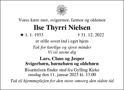 Dødsannoncen for Ilse Thyrri Nielsen - Gylling
