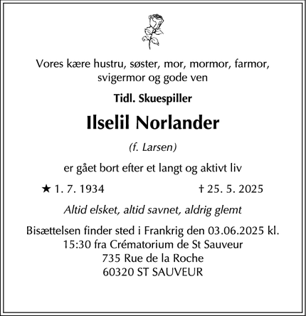 Dødsannoncen for Ilselil Norlander - København
