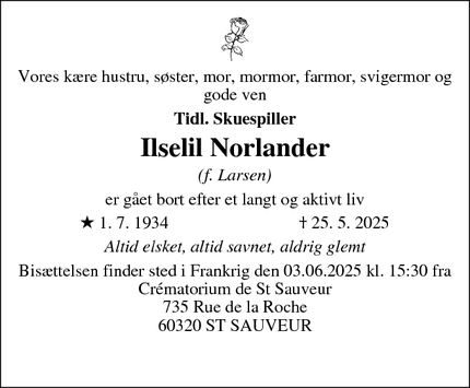 Dødsannoncen for Ilselil Norlander - København