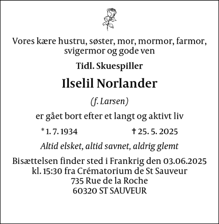 Dødsannoncen for Ilselil Norlander - København