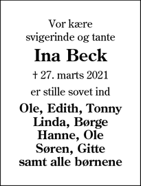 Dødsannoncen for Ina Beck - Gørding