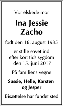 Dødsannoncen for Ina Jessie Zacho - Charlottenlund, Danmark