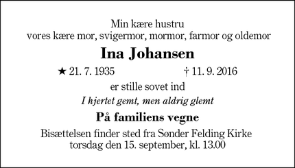Dødsannoncen for Ina Johansen - Sønder Felding 