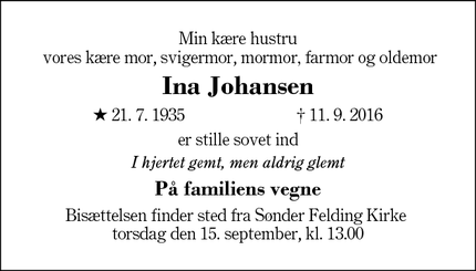 Dødsannoncen for Ina Johansen - Sønder Felding 