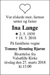 Dødsannoncen for Ina Lange - Ringsted