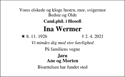 Dødsannoncen for Ina Wermer - Hellebæk