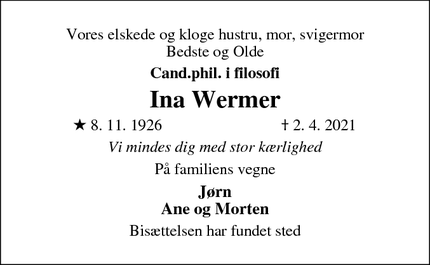 Dødsannoncen for Ina Wermer - Hellebæk
