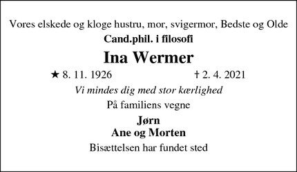 Dødsannoncen for Ina Wermer - Hellebæk