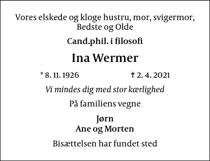 Dødsannoncen for Ina Wermer - Hellebæk