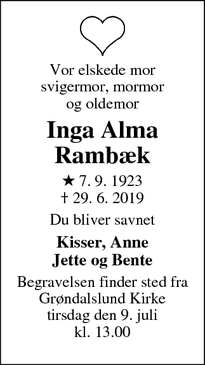 Dødsannoncen for Inga Alma Rambæk - rødovre