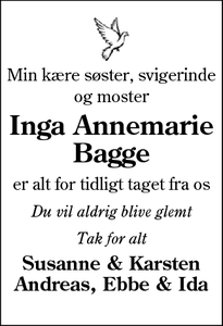 Dødsannoncen for Inga Annemarie Bagge - Sønderborg