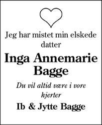 Dødsannoncen for Inga Annemarie Bagge - Sønderborg