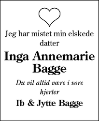 Dødsannoncen for Inga Annemarie Bagge - Sønderborg