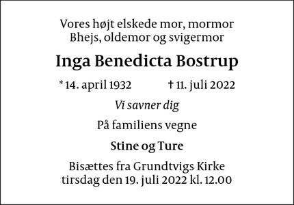 Dødsannoncen for Inga Benedicta Bostrup - København NV