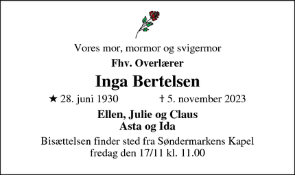 Dødsannoncen for Inga Bertelsen - Frederiksberg C
