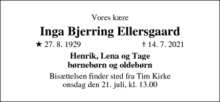 Dødsannoncen for Inga Bjerring Ellersgaard - Tim