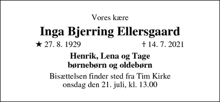 Dødsannoncen for Inga Bjerring Ellersgaard - Tim