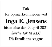 Taksigelsen for Inga E. Jensens - Ringsted