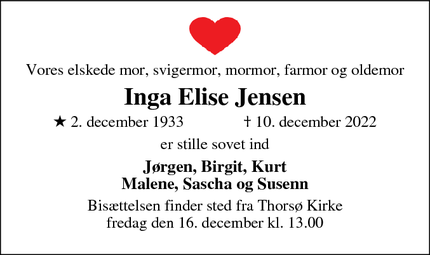 Dødsannoncen for Inga Elise Jensen - Thorsø