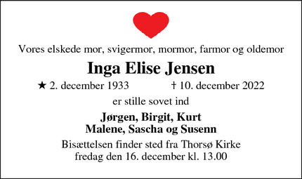 Dødsannoncen for Inga Elise Jensen - Thorsø
